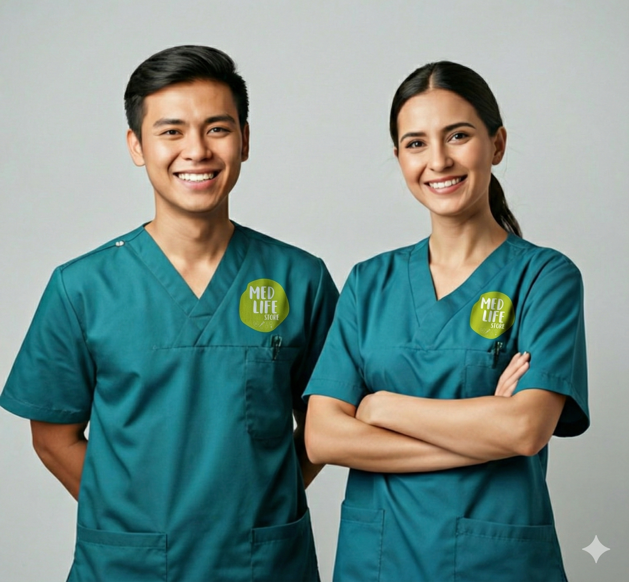 Profesionales médicos sonriendo con uniformes de colores